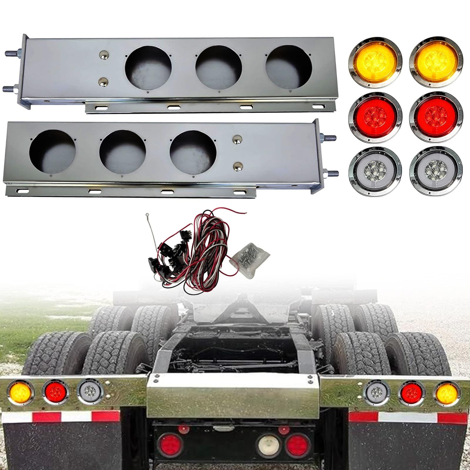 BST BSSP Pair 30" Chrome Steel 2.5" Bolt Spring Mud Flap Hanger Bars w/ 30 LED Lights for Semi-Truck Trailers, w/ 6pcs Lights