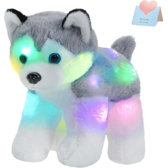 CozyWorld 12’’ Light up Husky Puppy Stuffed Animal Realistic LED Dog Soft Plush Toy with Night Lights Glow in The Dark Birthday Valentines Halloween for Toddler Kids