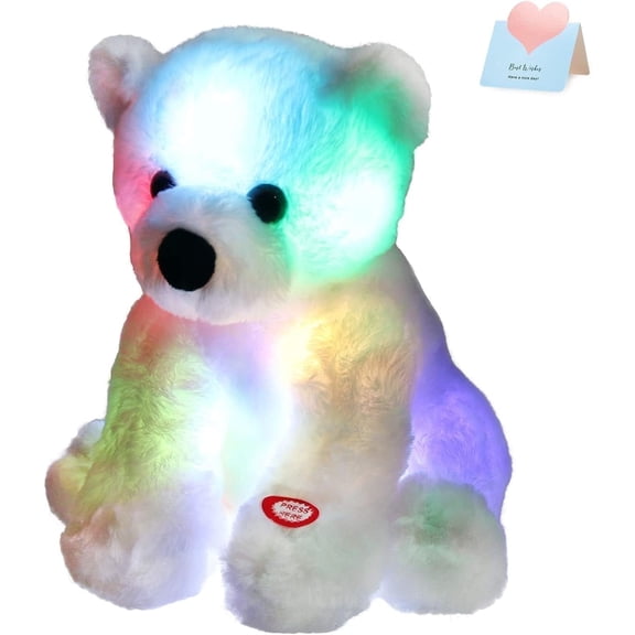 Glow Polar Bear Light up Stuffed Animal LED Night Light Bear Soft Plush Toy Adorable Birthday Halloween Children's Day Valentines for Toddler Kids, White, 9.5''