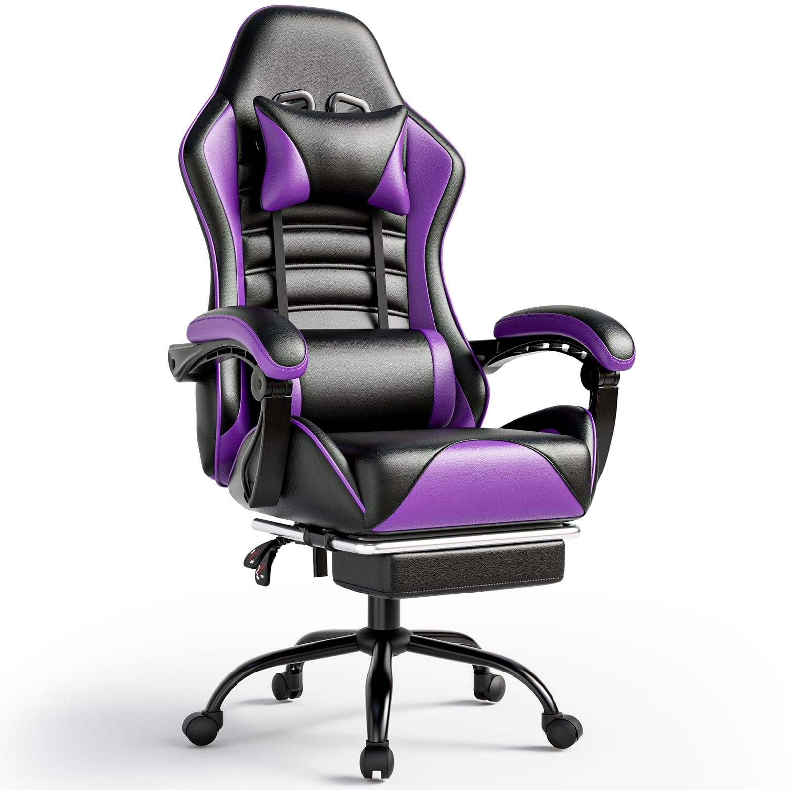 Ergonomic Black and Purple Faux Leather Gaming Chair with Footrest