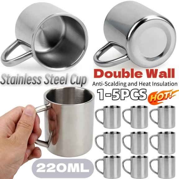 BT 1-5PCS 220ML Stainless Steel Mug Coffee Cup Double Wall Stainless Steel Anti-Heat Aniti-Scalding Cup Outdoor Metal Drinking Cup,2PCS