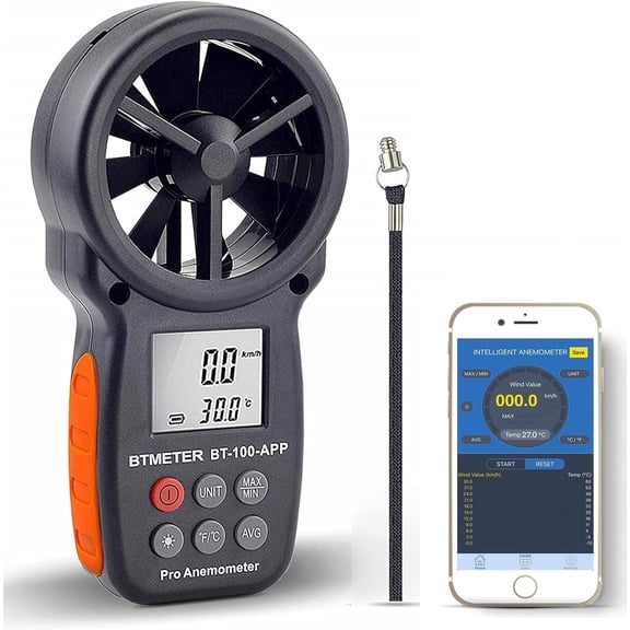 BT-100APP Anemometer w/Wireless Bluetooth, Digital Handheld Wind Speed Meter for Wind Chill, Air Velocity, Temperature, Vane Anemometer Gauge