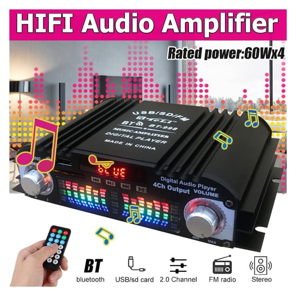BT-998 Hifi Audio Home Digital Amplifiers Car Audio Bass Power Bluetooth Amplifier FM USB SD Radio For Subwoofer Speakers DC12V ,Small Footprint