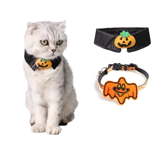 2 Pack Halloween Cat Collars with Bell, Kitten Collar with Pumpkin Halloween Collar for Girl Boy Cats Puppy Bowtie+Ghost Orange