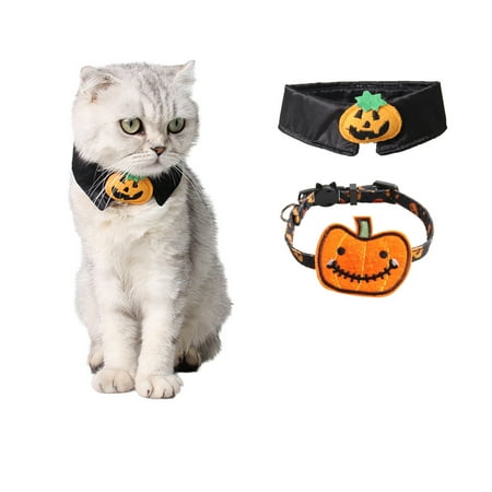 2 Pack Halloween Cat Collars with Bell, Kitten Collar with Pumpkin Halloween Collar for Girl Boy Cats Puppy Bowtie+Pumpkin Black
