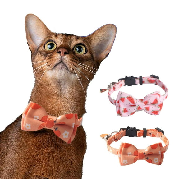 2PC Breakaway Cat Collar with Bow Tie Bell, Summer Fruit Cat Collar for Male Female,Soft Cotton Kitty Kitten Collar,Cute Pet Collar Ideal for Puppy Cat Girl Boy Watermelon Orange