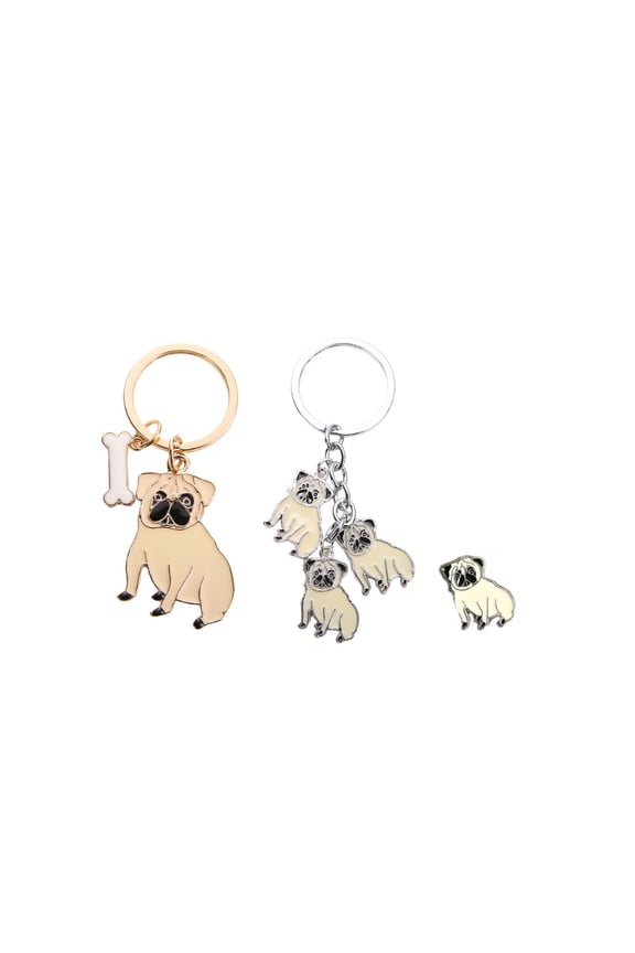3 PCS Dog Brooch Keychain Set, 2 Puppy Keyring Keyfob Metal Pet ID Tags and 1 Dog Brooch for Clothing Bag Adornment Accessory Pug