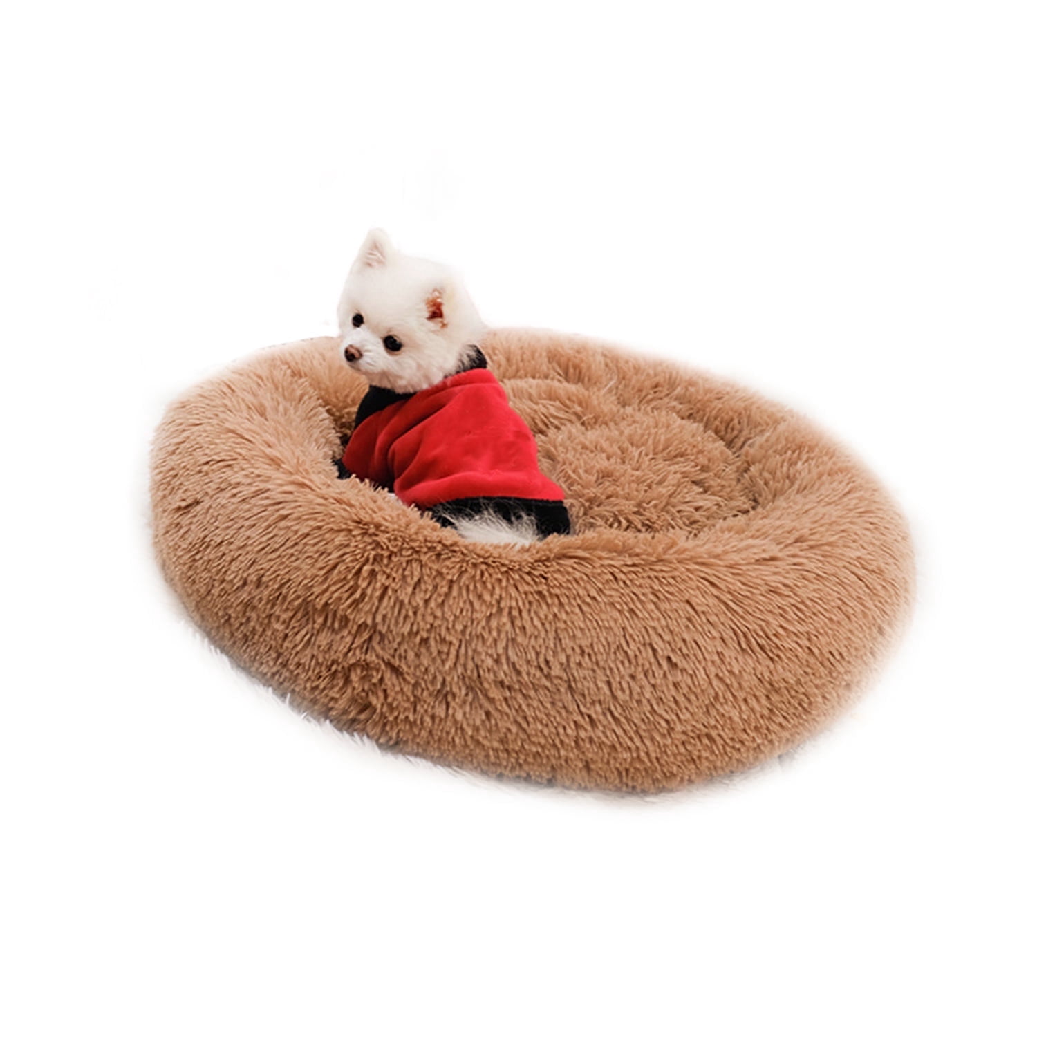 Calming Dog & Cat Bed, Anti-Anxiety Warming Cozy Soft Round Bed, Fluffy Faux Fur Plush Cushion bed for Cats Small Medium Dogs Brown XL