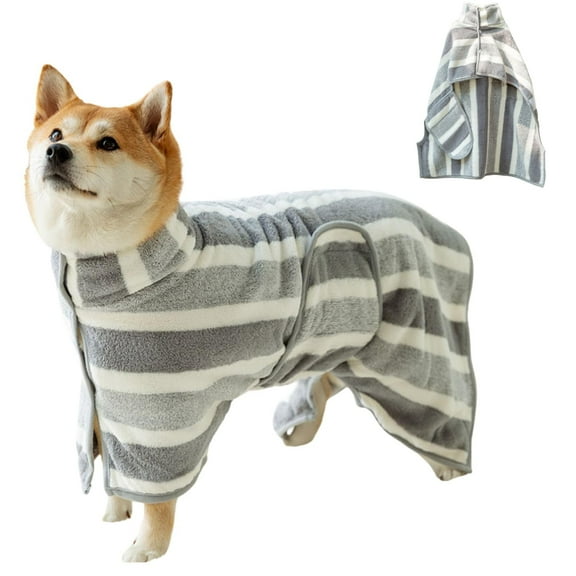BT Bear Dog Bathrobe, Stripes Pattern Microfiber Fast Drying Absorbent Hooded Bath Towel for Puppy Small Medium Large Dog S