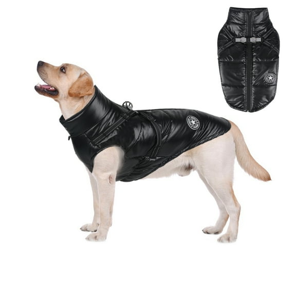 BT Bear Dog Cold Weather Coat with Harness, Waterproof Warm Dog Glossy Jacket, Adjustable Reflective Vest Raincoat for Small Medium Large Dogs Black 3XL