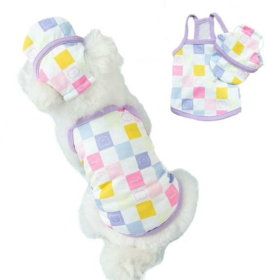 BT Bear Dog Vest Hat Set, Spring/Summer Dog Cap Shirt Set, Macaron Plaid Pet Vest & Baseball Hat ,Cute Vest for Small Medium Dogs Purple XL