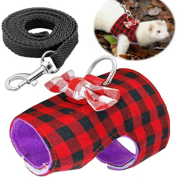 Pet Harness, Small Rabbit Harness Leash Bowknot Stripe Plaid Strap Harness for Walking Small Animal (XS, Red Plaid)