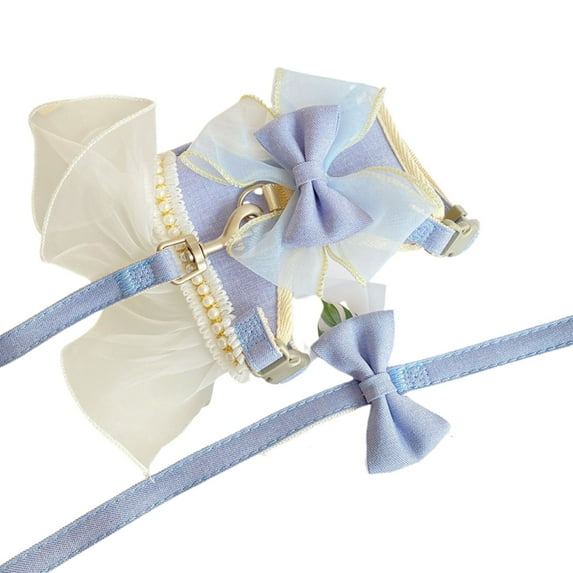 Small Dog Harness Dress With Leash, Sweet Bow-Tie with Pearls Dog Dress, Soft Tutu Vest Pet Clothes for Cats Puppy Small Dogs Purple Blue S