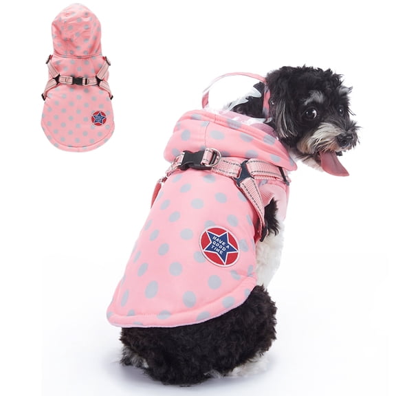 Small Dog Harness Jacket Hooded,Pet Coat Cold Weather Warm Vest Jacket with Harness,Dog Waterproof Windproof Cotton Costume for Puppy Small Medium Dogs Pink Dots XL