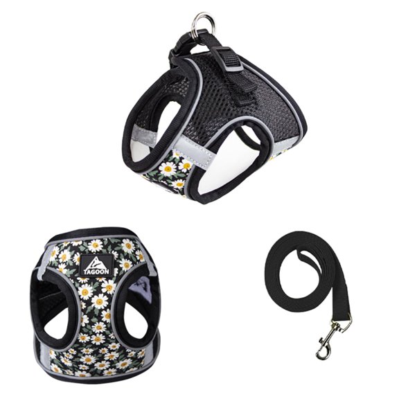 Small Dog Harness Leash Set, Daisy Floral Pattern Pet Harness Vest, Dog Breathable Adjustable D-Ring Reflective Mesh Harness,Walking Harness Vest for Small Dogs Black S