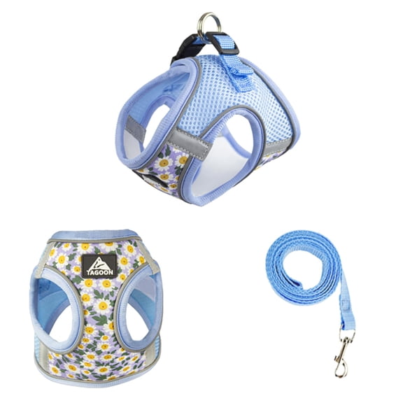 Small Dog Harness Leash Set, Daisy Floral Pattern Pet Harness Vest, Dog Breathable Adjustable D-Ring Reflective Mesh Harness,Walking Harness Vest for Small Dogs Blue XS