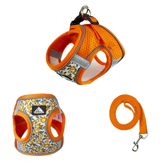 Small Dog Harness Leash Set, Daisy Floral Pattern Pet Harness Vest, Dog Breathable Adjustable D-Ring Reflective Mesh Harness,Walking Harness Vest for Small Dogs Orange L