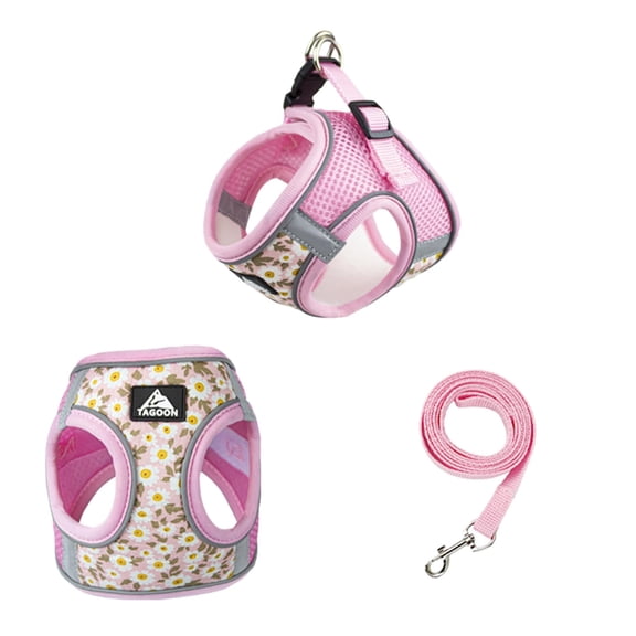 Small Dog Harness Leash Set, Daisy Floral Pattern Pet Harness Vest, Dog Breathable Adjustable D-Ring Reflective Mesh Harness,Walking Harness Vest for Small Dogs Pink S