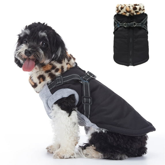 Small Dog Jacket with Harness,Pet Coat Cold Weather Warm Vest Jacket,Dog Waterproof Windproof Cotton Costume for Puppy Small Medium Dogs Black Leopard 2XL