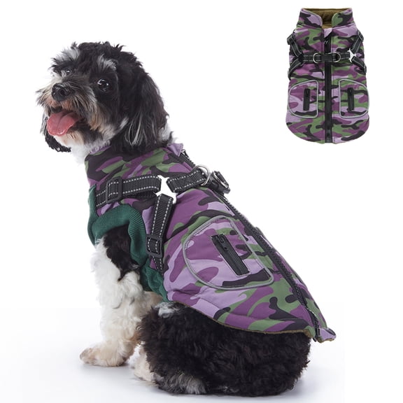 Small Dog Jacket with Harness,Pet Coat Cold Weather Warm Vest Jacket,Dog Waterproof Windproof Cotton Costume for Puppy Small Medium Dogs Purple Camouflage XL