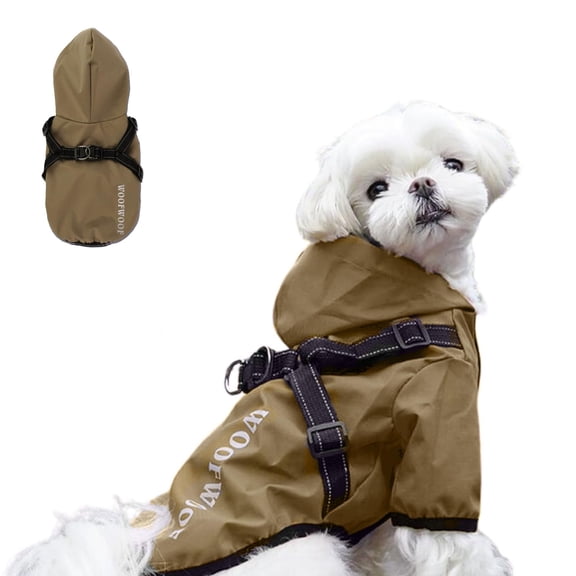 Small Dog Raincoat Harness,Waterproof Dog Rain Jacket with Harness,Reflective Stripes Pet Poncho Slicker Coat for Small Dog Puppy Beige M