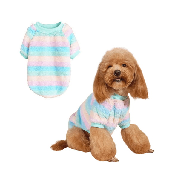 Small Dog Sweater, Stripe Plush Dog Onesie Pajamas, Colorful Pet Cold Weather Coat for Cats Small Dogs Boy Girl Blue L