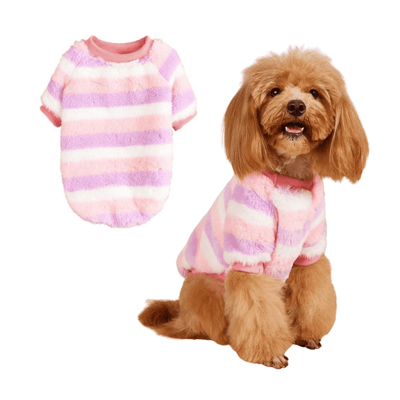 Small Dog Sweater, Stripe Plush Dog Onesie Pajamas, Colorful Pet Cold Weather Coat for Cats Small Dogs Boy Girl Pink M