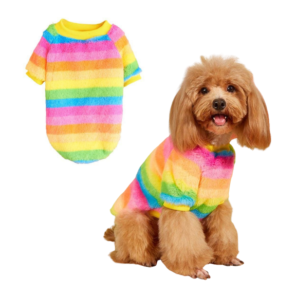 Small Dog Sweater, Stripe Plush Dog Onesie Pajamas, Colorful Pet Cold Weather Coat for Cats Small Dogs Boy Girl Rainbow L