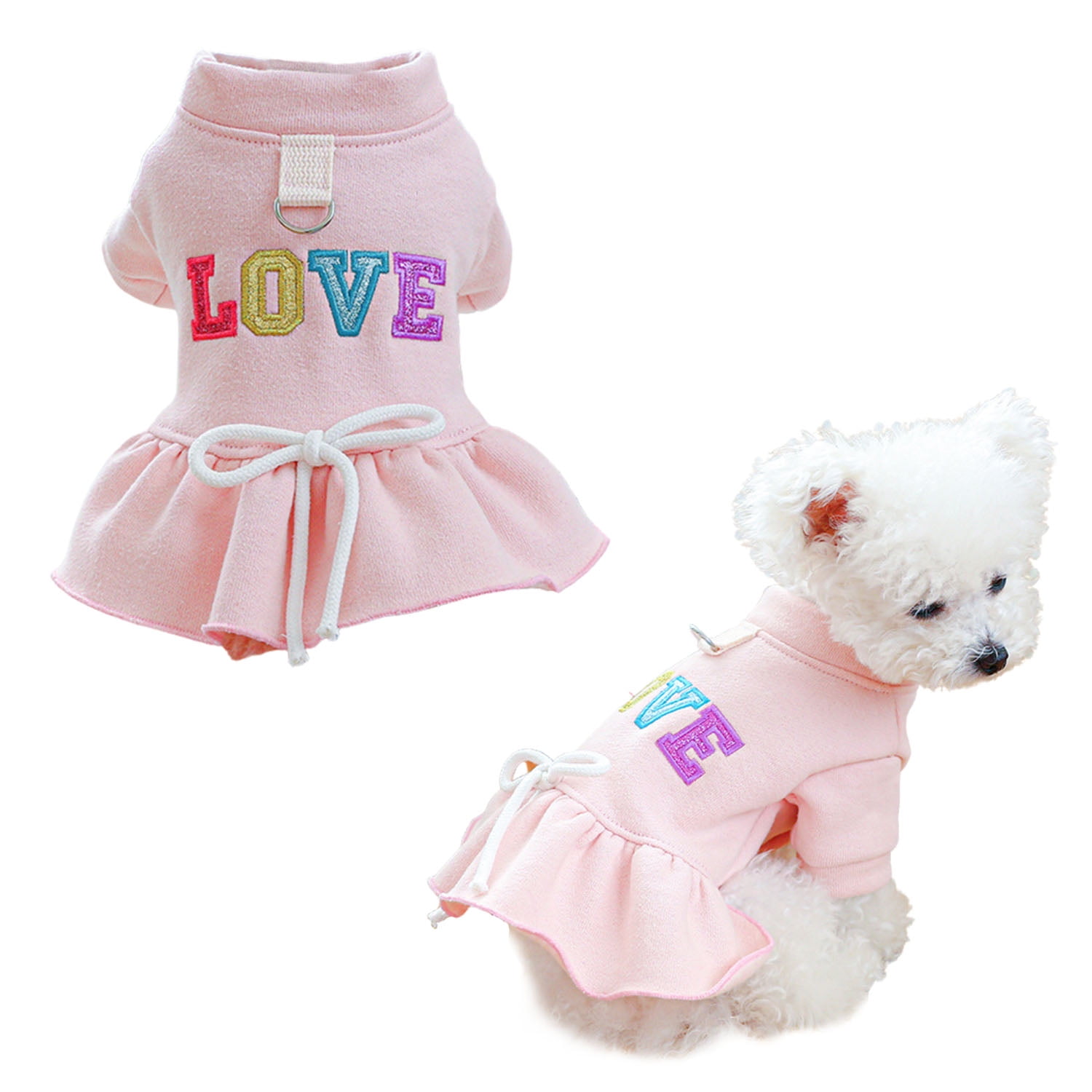 Pretty in Pink Dog Dress – Cozy Sweatshirt Fabric with Black Bow & Turtleneck