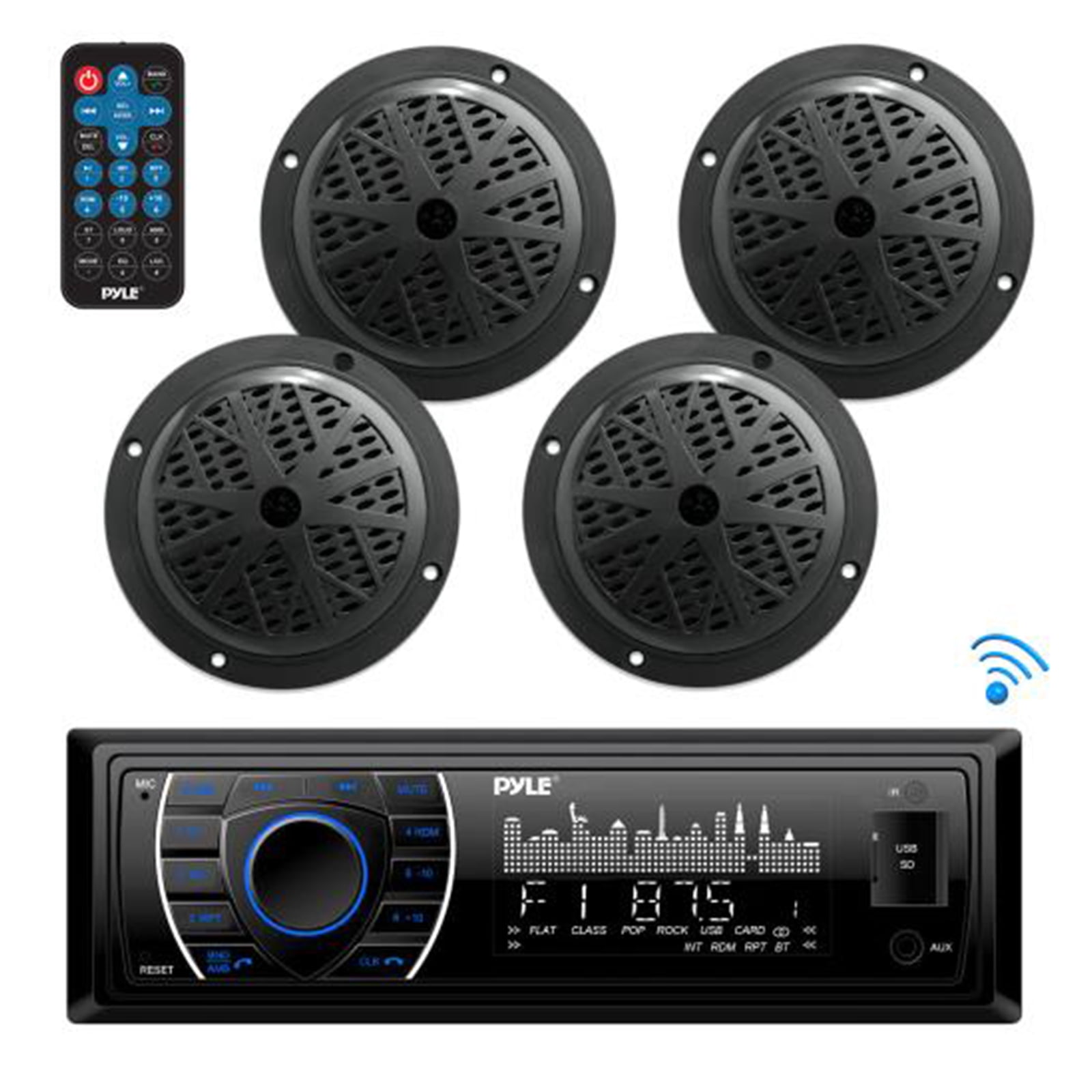 BT Marine Receiver Stereo and Speaker Kit, Hands-Free Calling, Wireless Streaming, MP3/USB/SD Readers, AM/FM Radio, (4) 6.5â?? Waterproof Speakers (Black)