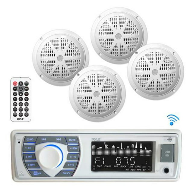 BT Marine Receiver Stereo and Speaker Kit, Hands-Free Calling, Wireless Streaming, MP3/USB/SD Readers, AM/FM Radio, (4) 6.5â?? Waterproof Speakers (White)