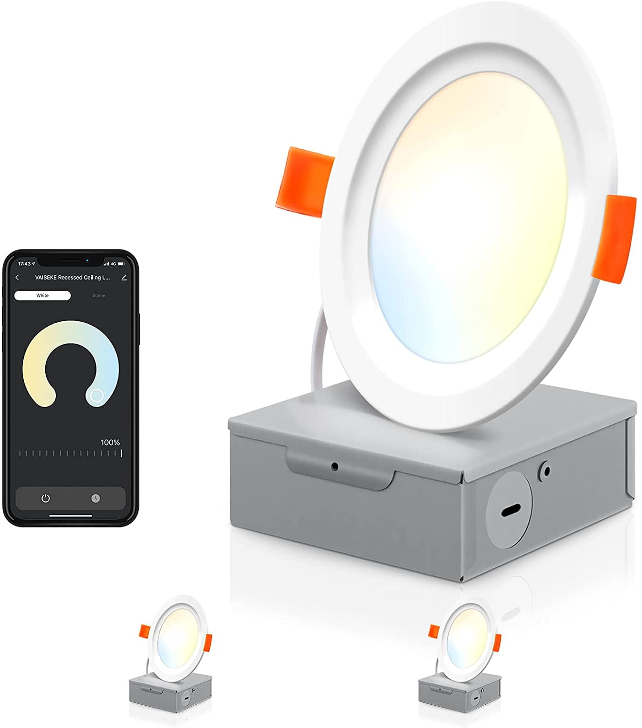 BT Recessed Lighting, Vaiseke 2 Pack 4 Inch 2700K-6500K Dimmable Recessed Lights with J-Box, 10W 800LM LED Recessed Light Fixtures, Soft & Cool White Downlight with APP Control