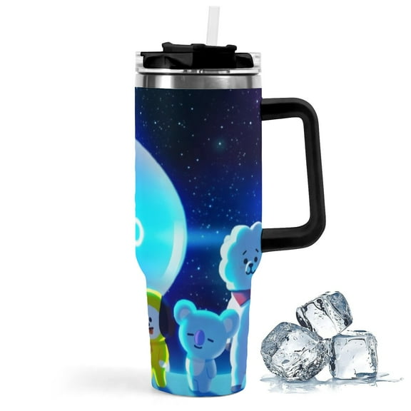BT21-theme Insulated Stainless Steel Tumbler with Handle Gifts For Family Friends Fans and Straw Fits in Standard Cup Holder 40 OZ