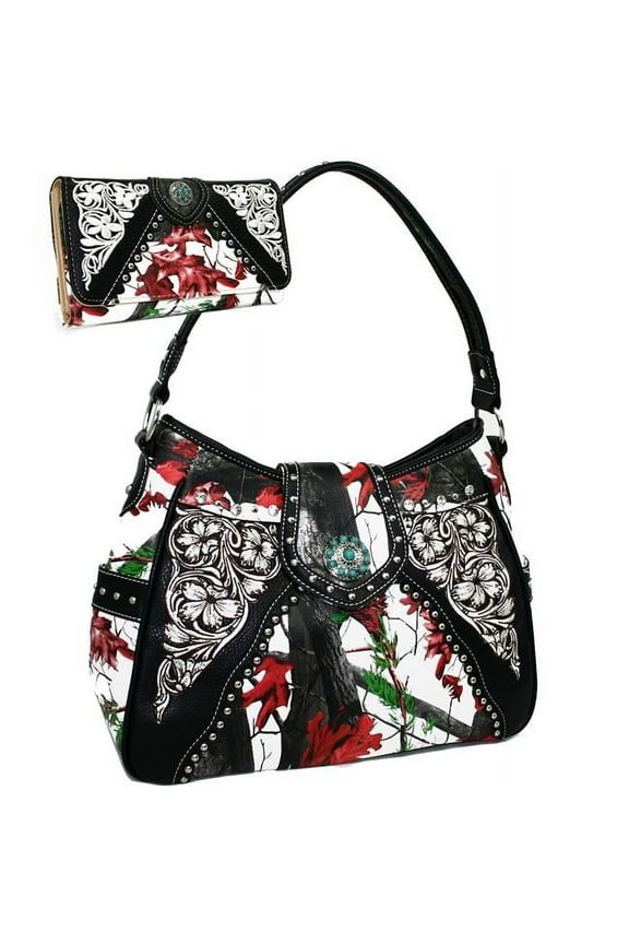 BT923SET-Rd - Mul Western Turquoise Concho Accented Handbag Purse with Matching Wallet - Red & Multi Color