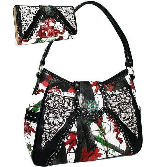 BT923SET-Rd - Mul Western Turquoise Concho Accented Handbag Purse with Matching Wallet - Red & Multi Color