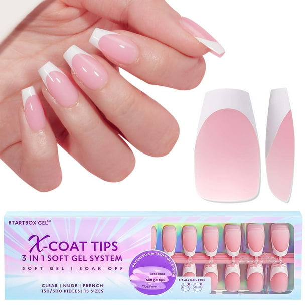 BTArtbox 160pcs Short Coffin French Tip Press on Nails，Pink Soft Gel ...