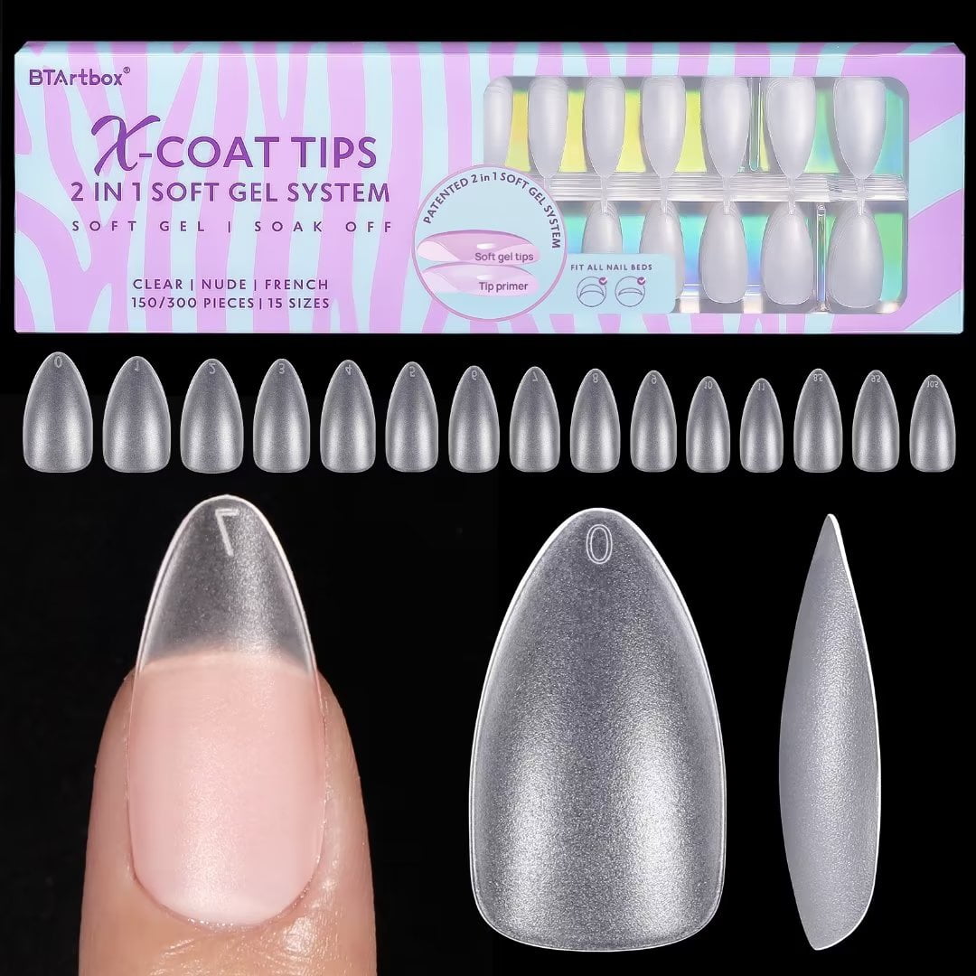 BTArtbox Almond Clear Fake Nail,15 Sizes x-Coat Soft Gel Tips with Tip ...