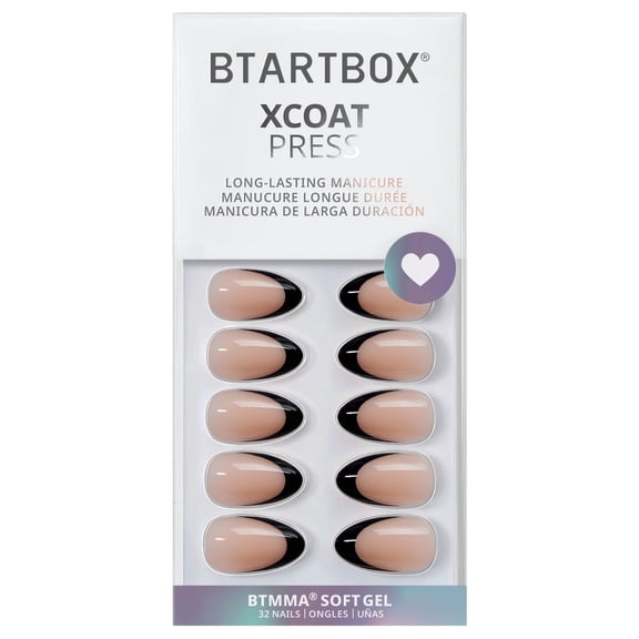 BTArtbox Press On Nails - Black French, Short Almond, Lamp-Curable, 4-Week Wear, Easy-to-Apply, 32 Count All-in-One Kit