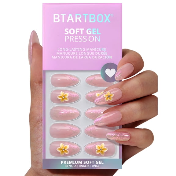 BTArtbox Press On Nails - Aloha Lei, Medium Almond, 2-Week Wear, Easy-to-Apply, 30 Count All-in-One Kit