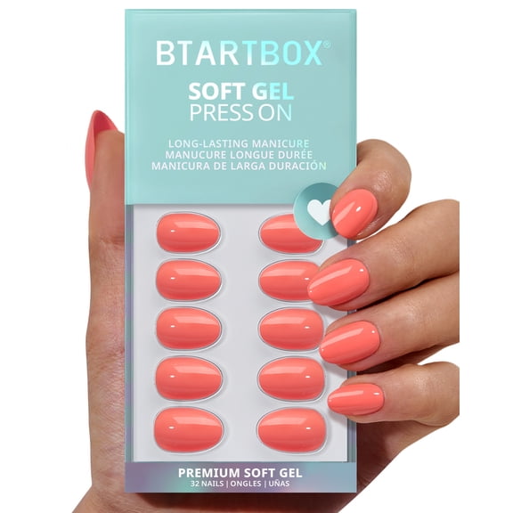 BTArtbox Press On Nails - Orange Soda, Short Almond, 2-Week Wear, Easy-to-Apply, 32 Count All-in-One Kit