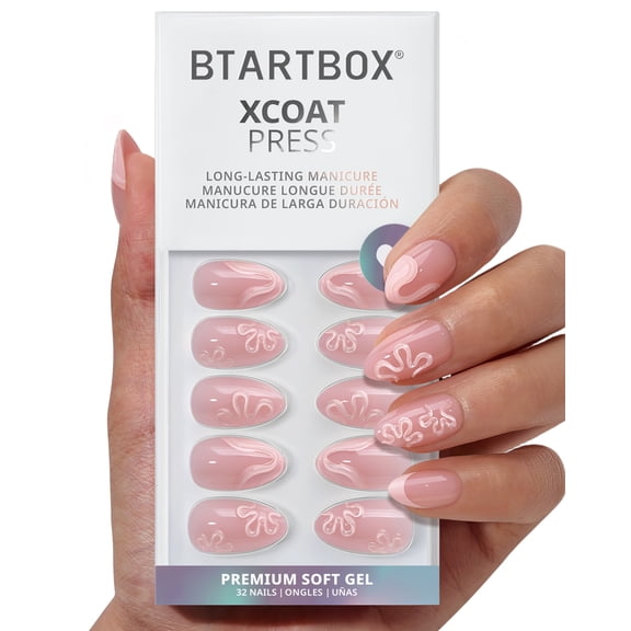BTArtbox Press On Nails - Rose Lemonade, Short Almond, Lamp-Curable, 4-Week Wear, Easy-to-Apply, 32 Count All-in-One Kit