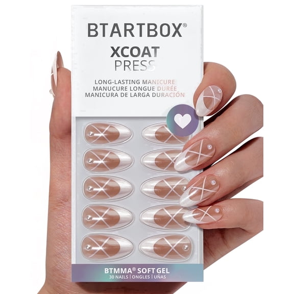 BTArtbox Press On Nails - Heel Click, Medium Almond, Lamp-Curable, 4-Week Wear, Easy-to-Apply, 30 Count All-in-One Kit