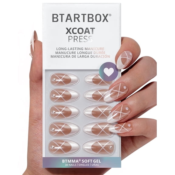 Btartbox Press On Nails - Heel Click, Medium Almond, Lamp-Curable, 4-Week Wear, Easy-to-Apply, 30 Count All-in-One Kit