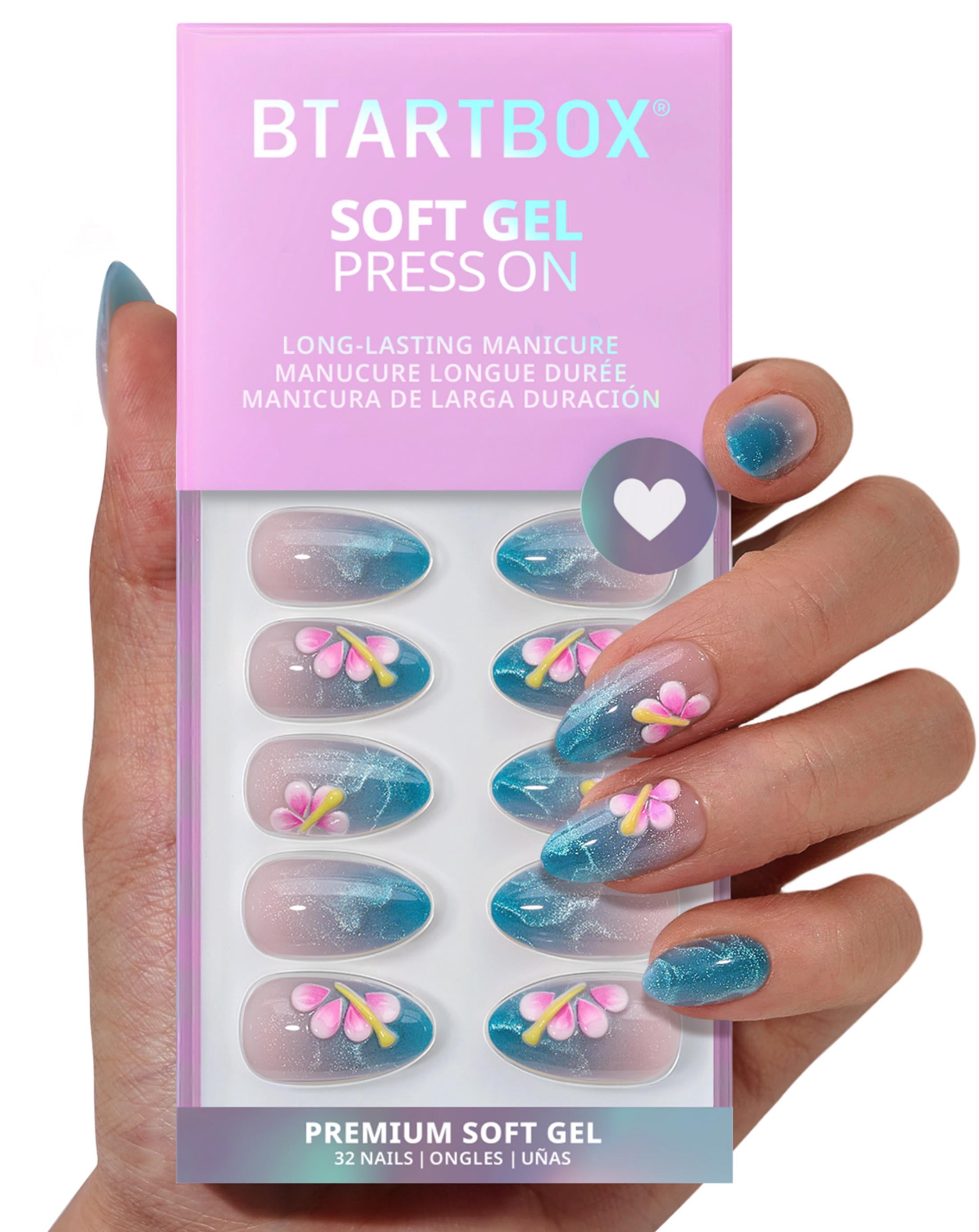 BTArtbox Press On Nails - Blue Holiday, Short Almond, 2-Week Wear, Easy-to-Apply, 32 Count All-in-One Kit