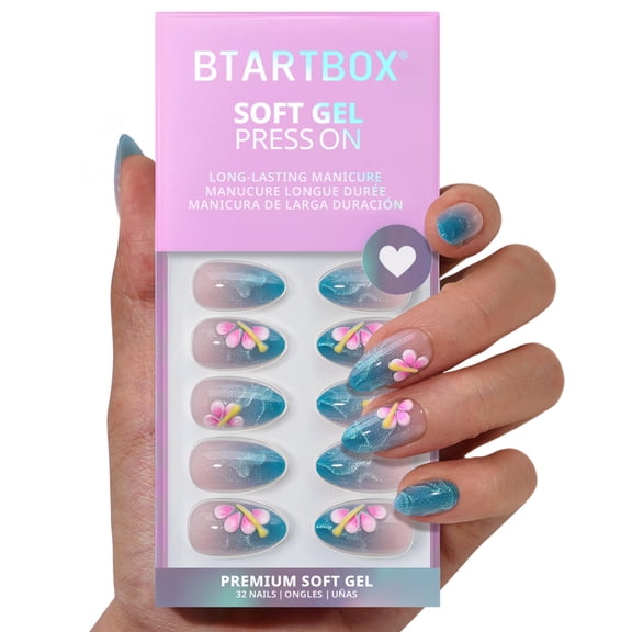 BTArtbox Press On Nails - Blue Holiday, Short Almond, 2-Week Wear, Easy-to-Apply, 32 Count All-in-One Kit