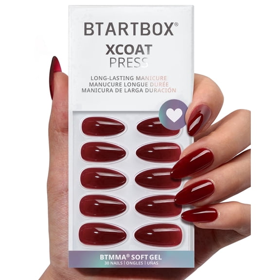 BTArtbox Press On Nails - Blackout, Medium Almond, Lamp-Curable, 4-Week Wear, Easy-to-Apply, 32 Count All-in-One Kit