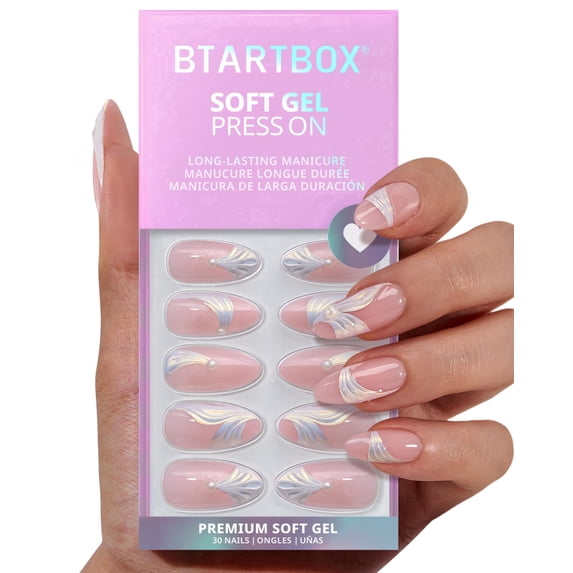 BTArtbox Press On Nails - Pearlfin, Medium Almond, 2-Week Wear, Easy-to-Apply, 30 Count All-in-One Kit