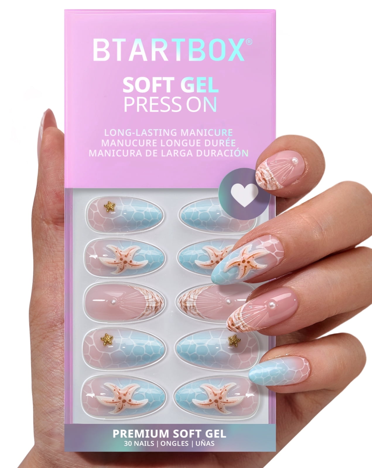 BTArtbox Press On Nails - Tide Play, Medium Almond, 2-Week Wear, Easy-to-Apply, 30 Count All-in-One Kit