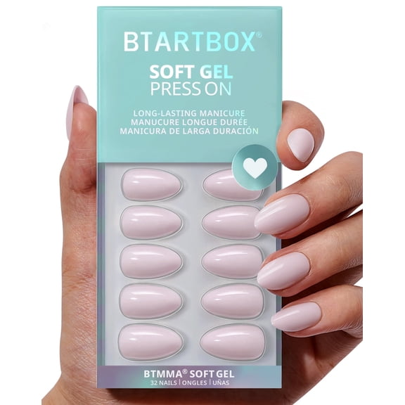 BTArtbox Press On Nails - Satin Memo, Medium Almond, 2-Week Wear, Easy-to-Apply, 32 Count All-in-One Kit