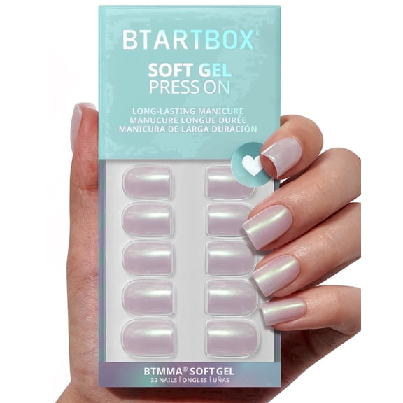 BTArtbox Press On Nails - Screaming Silver, Short Square, 2-Week Wear, Easy-to-Apply, 32 Count All-in-One Kit